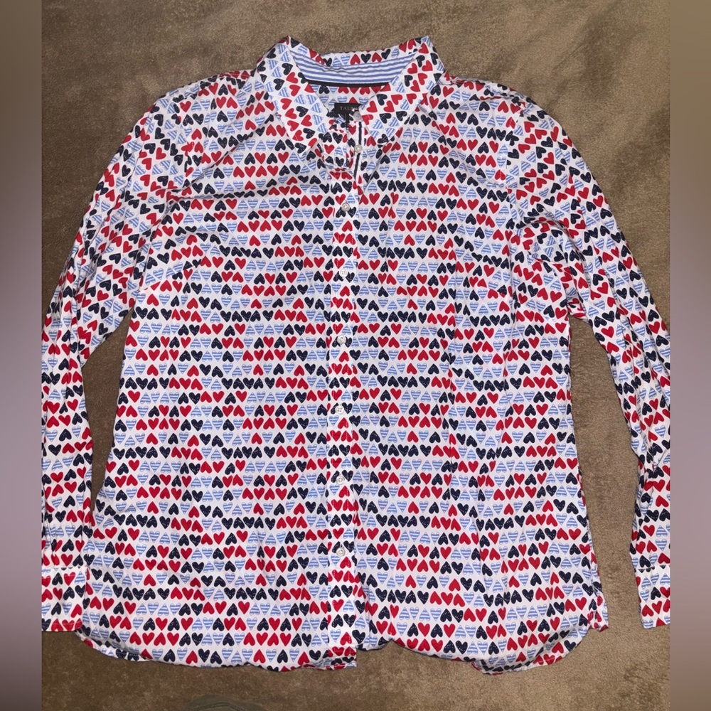 Talbots Red and Blue Heart Button Down Shirt Blouse